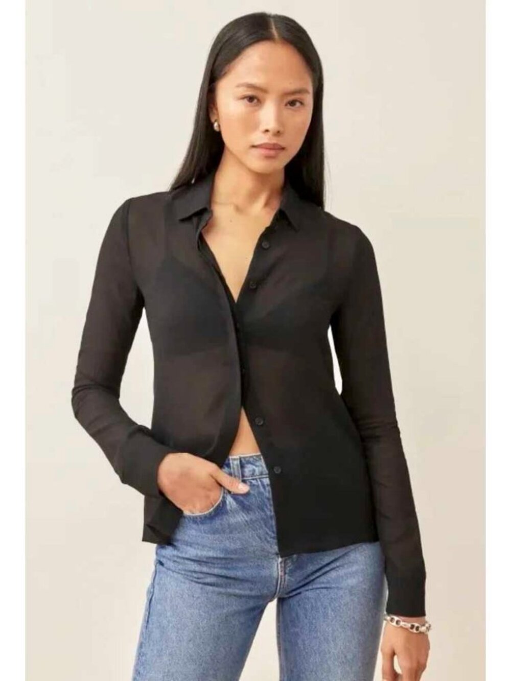 Reformation Womens's Violet Semi Sheer Button Down Top Blouse in Black M